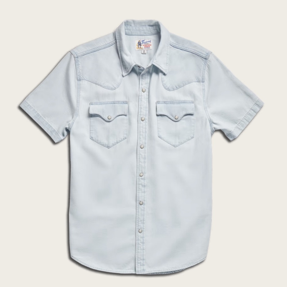 NWT New Tecovas Men's Denim Short Sleeve Pearl Snap Shirt M Medium